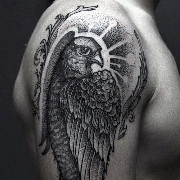 Modern Hawk Shaded Tattoo On Guys Bicep