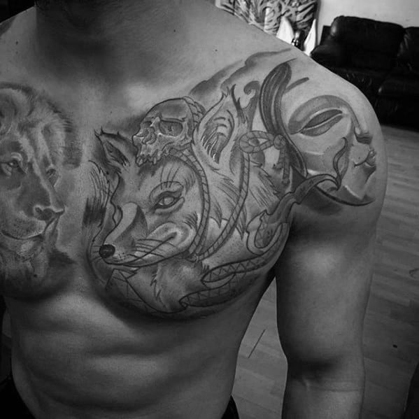 Modern Heavily Shaded Kitsune Fox Male Upper Chest Tattoos