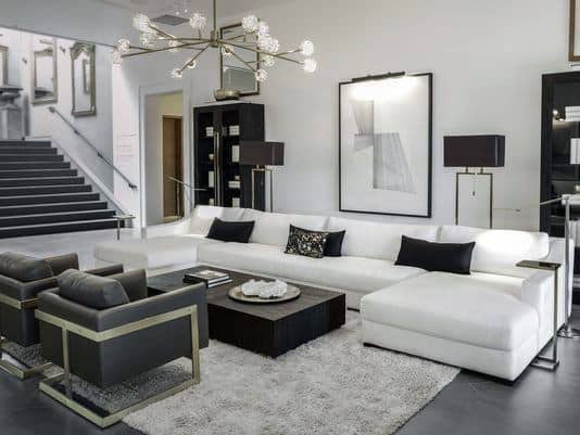 elegant grey living room white sofa sputnik chandelier