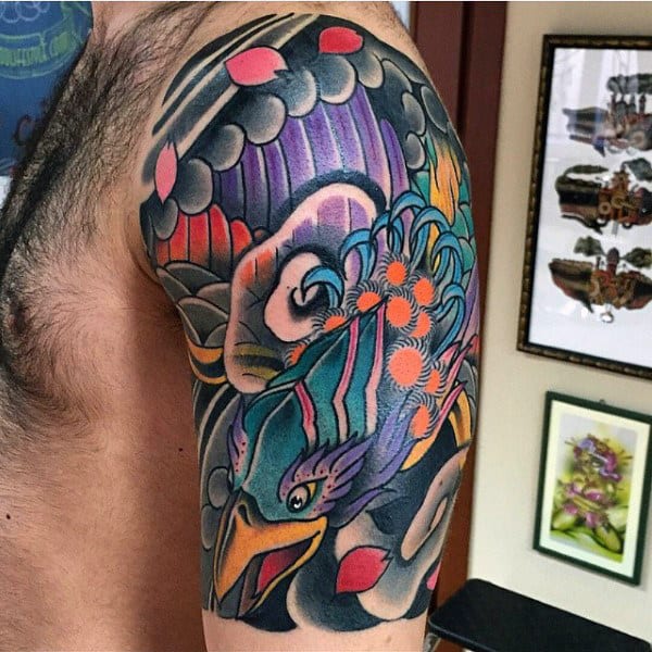 Modern Japanese Bird Mens Half Sleeve Tattoos