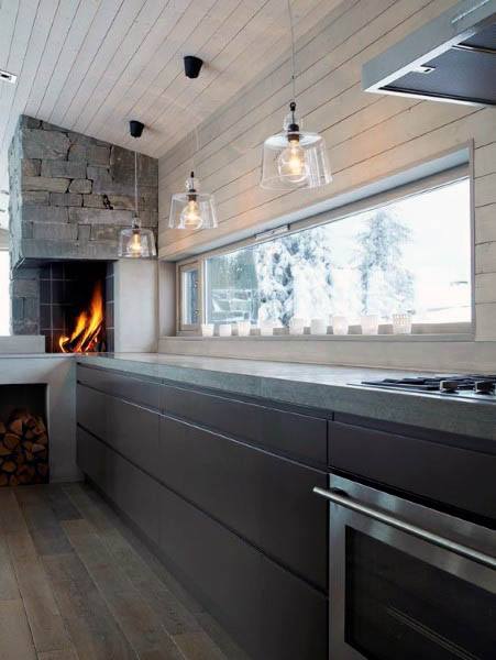 white shiplap wall modern kitchen long window fireplace 