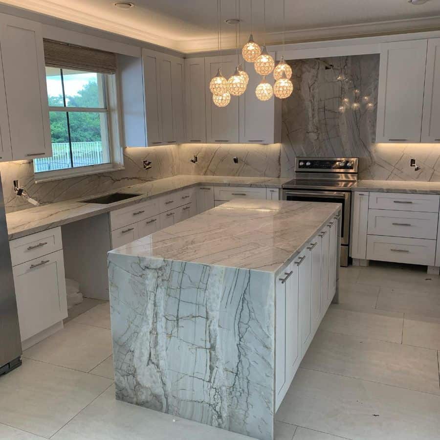 luxury white cabinet kitchen gray and white marble floor tile island and backsplash 