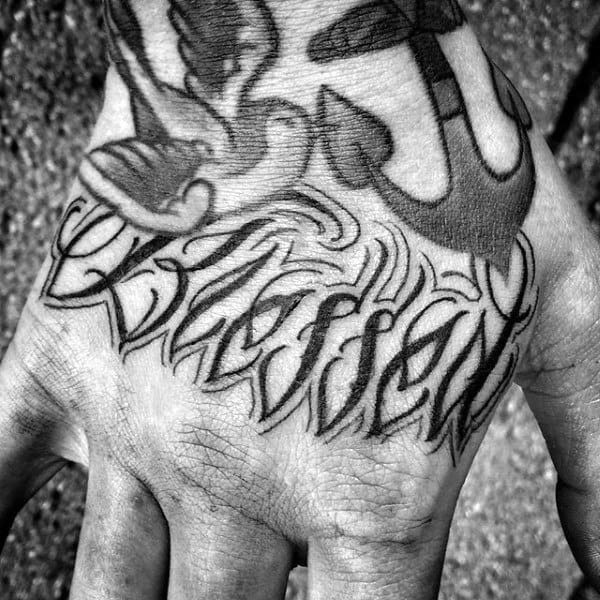 Modern Lettering Blessed Mens Hand Tattoos