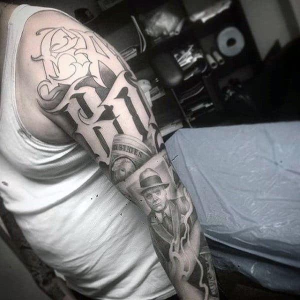 Modern Lettering Gangster Mens Sleeve Tattoos