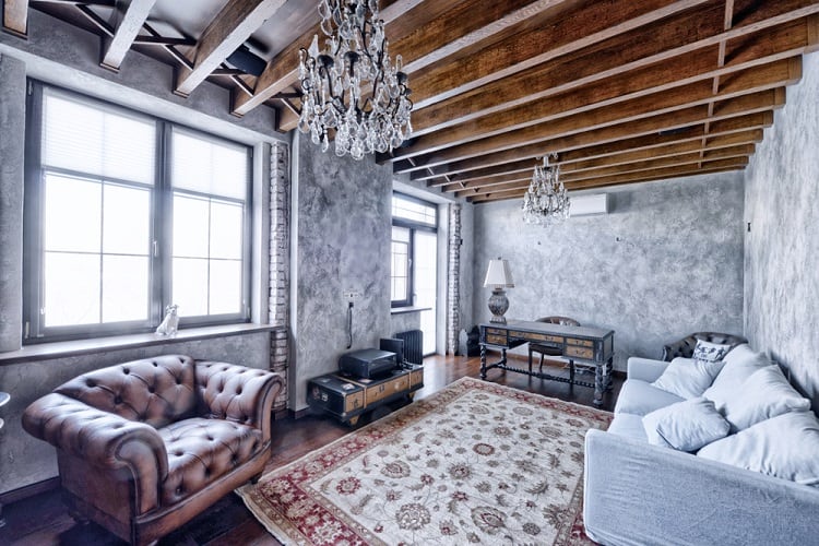 modern gray living room exposed beam ceiling