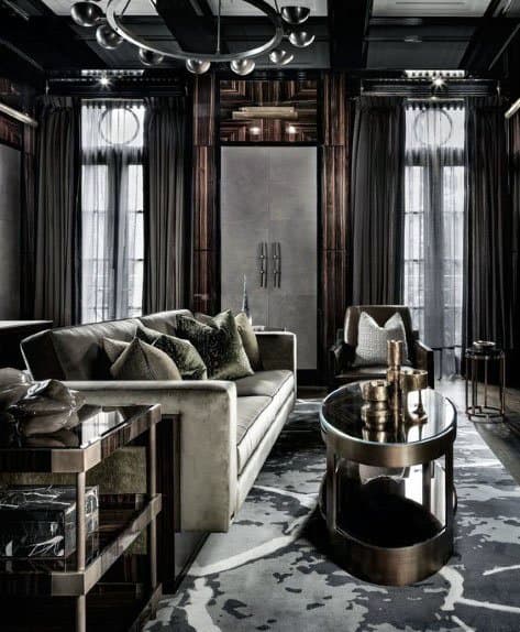modern dark cozy living room gray couch 