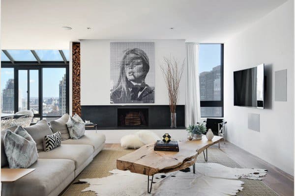 modern white apartment living room with fireplace 