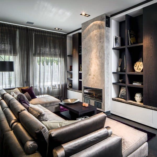 contemporary luxurious grey living room brown sofa and shelves 