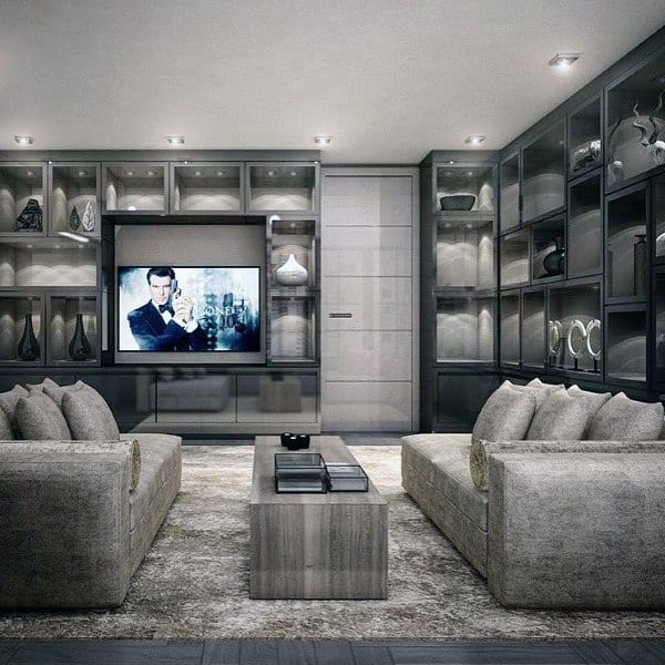 contemporary gray living room with glass cabinets 