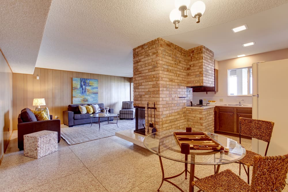 unique brick fireplace open plan kitchen and living room