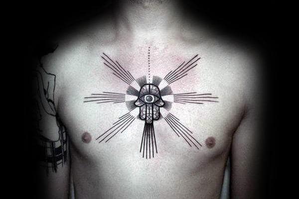 Modern Mens Black Ink Lines Hamsa Upper Chest Tattoos With Sun Ray Design