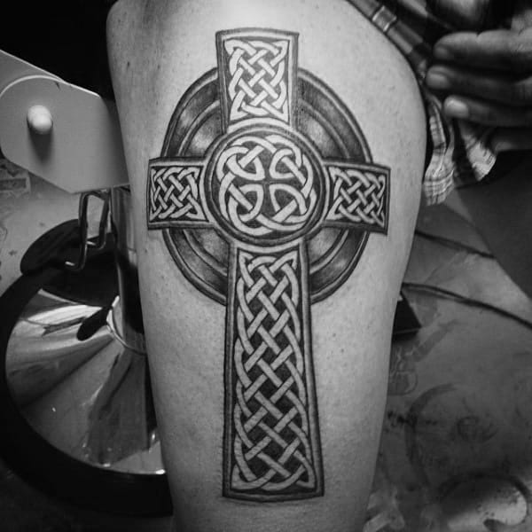 Modern Mens Celtic Cross Thigh Tattoo Designs