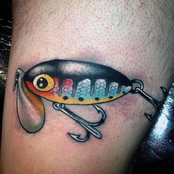 Modern Mens Fish Hook Tattoo On Leg