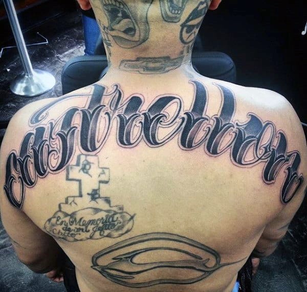 Modern Mens Last Name Upper Back Tattoos