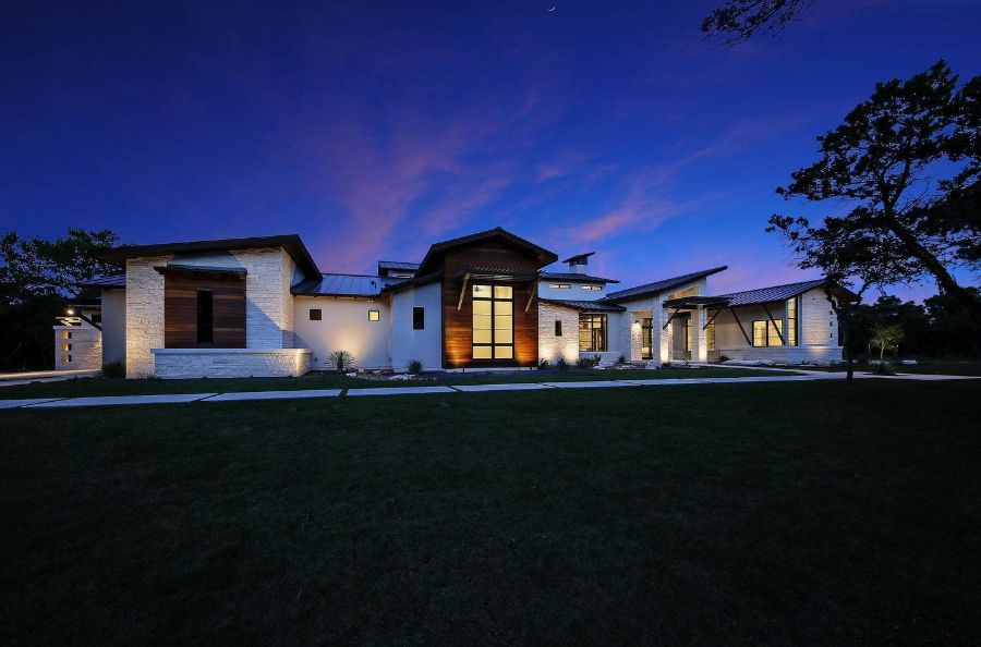 white stone exterior modern ranch-style house