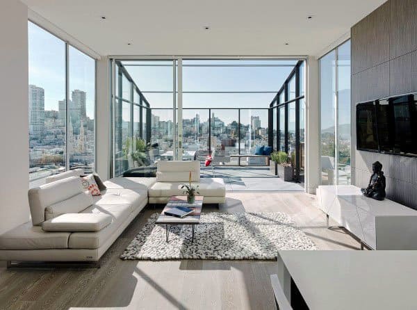 minimalist modern living room white sofa large windows