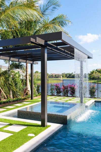 Modern Steel Pergola Backyard Pool Waterfall