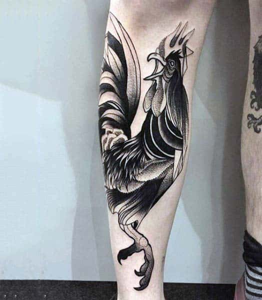 Modern Style Black Work Rooster Tattoo For Men On Calf