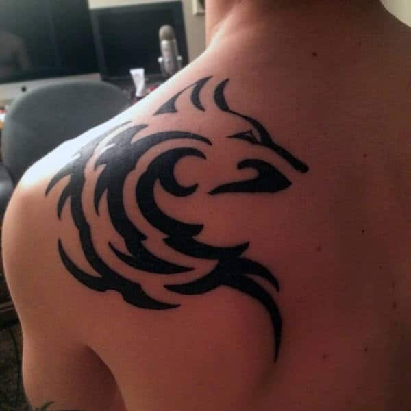 Modern Tribal Wolf Back Of Shoulder Male Tattoo