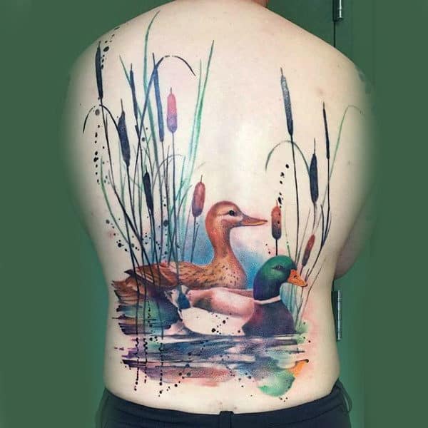 Modern Watercolor Artistic Ducks On Pond Back Tattoo For Guy