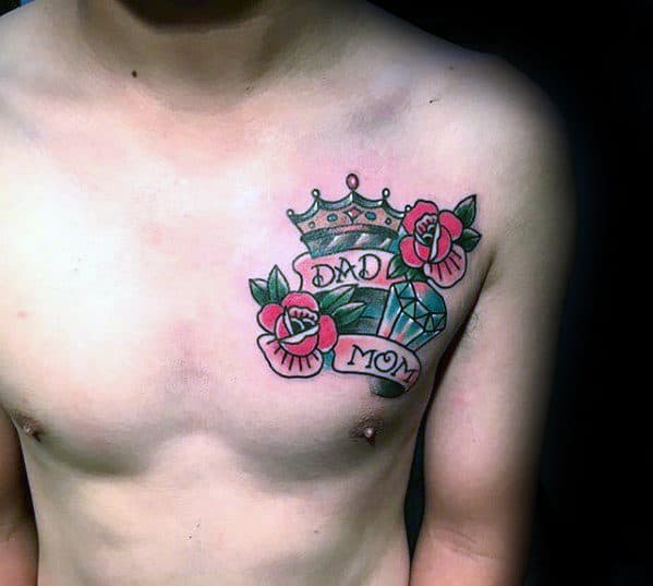 Mom And Dad Traditional Diamond Mens Upper Chest Tattoo