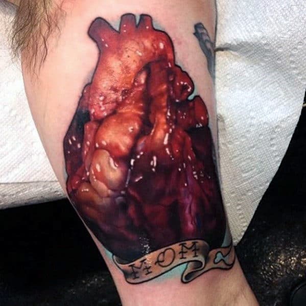 Mom Banner Anatomical Heart Mens Realistic Inner Arm Bicep Tattoo