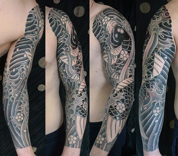 Monochrome Japanese Sleeve Tattoo For Males