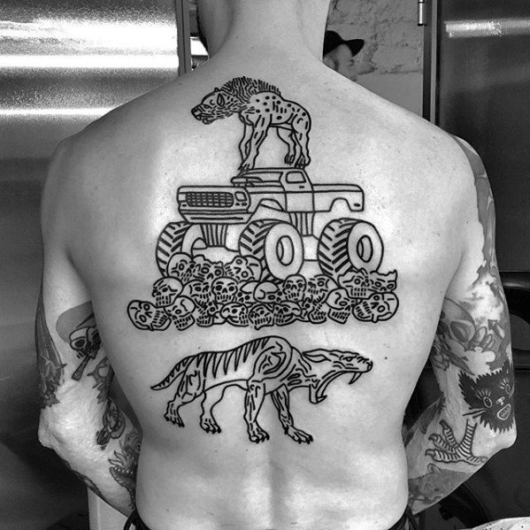 Monster Truck With Tiger Unique Back Tattoos For Guys