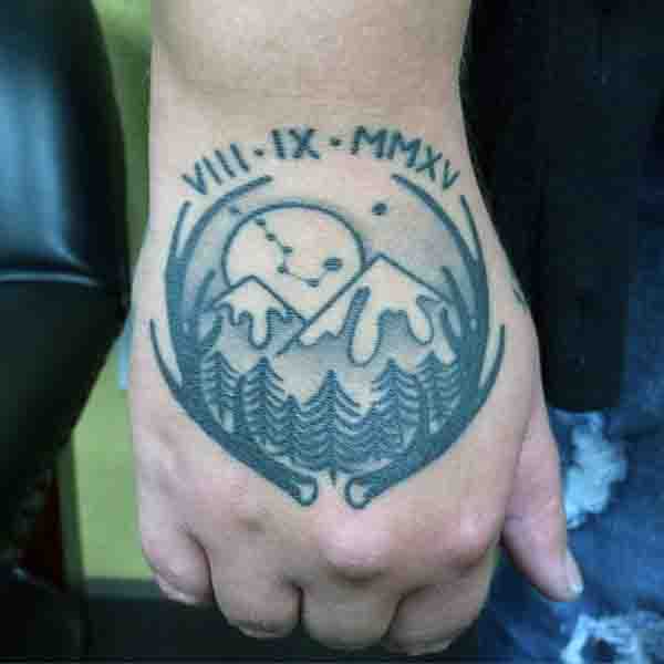 Moon And Mountains Mens Hand Tattoos