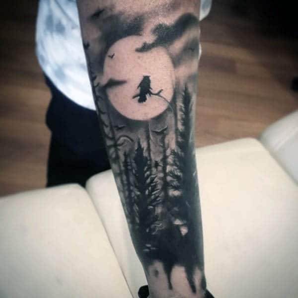 Moon Forest Silhouette Mens Bird On A Tree Branch Tattoo Design Ideas