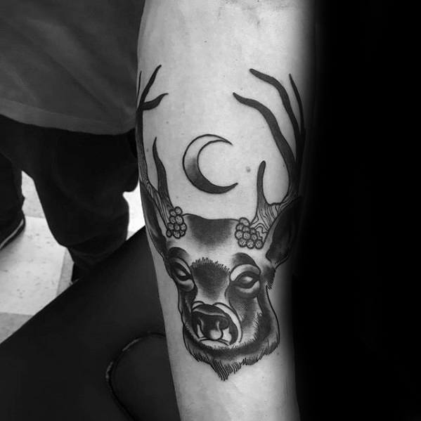 Moon With Deer Guys Traditional Inner Forearm Tattoo
