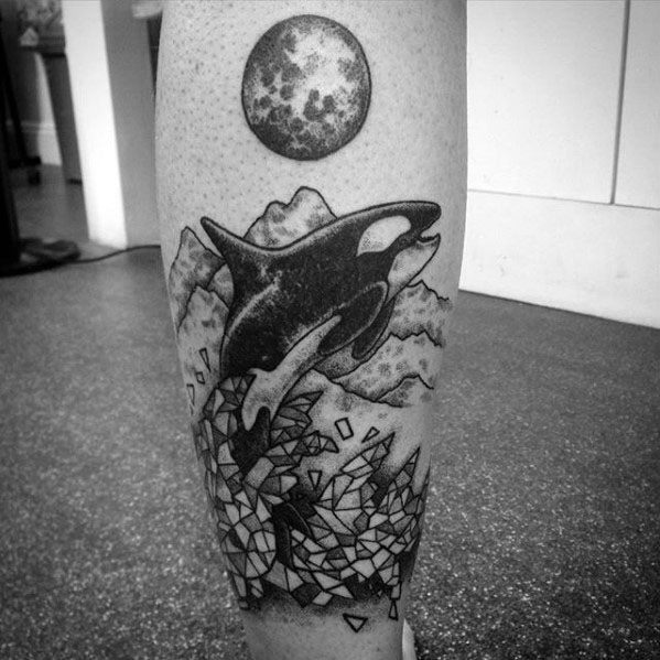 Moon With Orca Tattoos Men On Leg