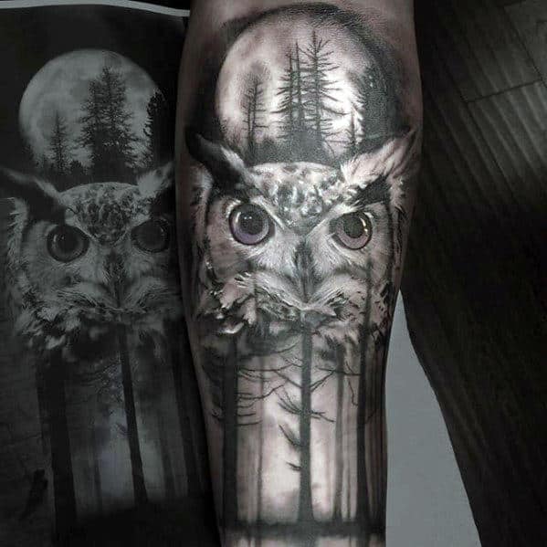 Moon With Owl And Pine Trees Mens Nature Forearm Sleeve Tattoo