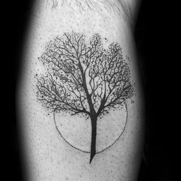Moon With Tree Guys Small Leg Calf Tattoo Design Ideas