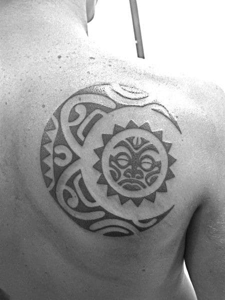 Moon With Tribal Sun Creative Male Back Tattoos