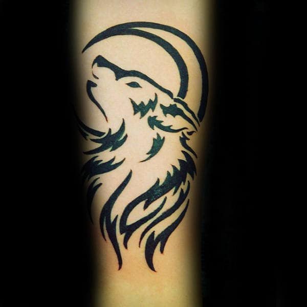 Moon With Tribal Wolf Howling Forearm Guys Tattoos