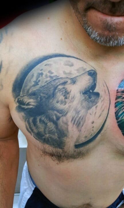 Moon With Wolf Male Chest Tattoo Designs