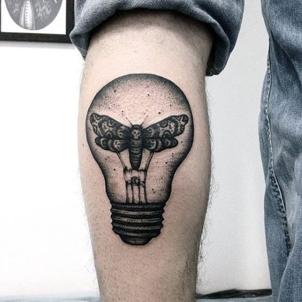 Moth Inside Lightbulb Mens Leg Calf Tattoo
