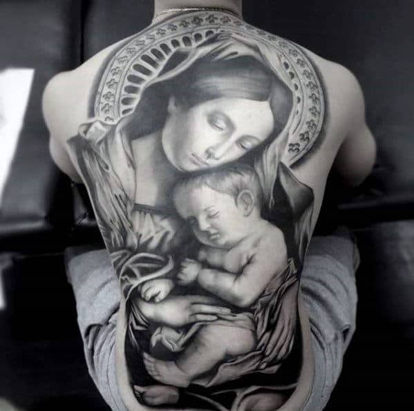 Mother Mary Holding Baby Jesus Back Tattoo Ideas For Men