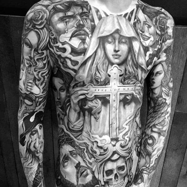 Angel holding cross tattoo Sleeve tattoo on Stylevore