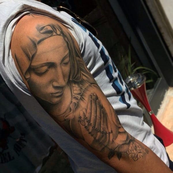 Mother Mary Praying Hands Rosary Tattoo For Males On Arm