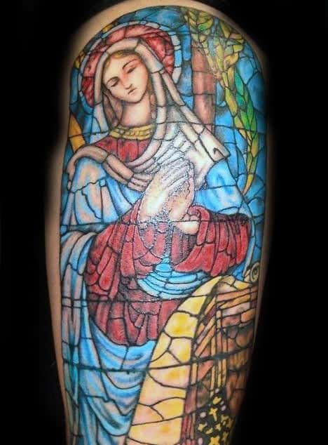 Mother Mary Praying Stained Glass Mens Leg Tattoo Design