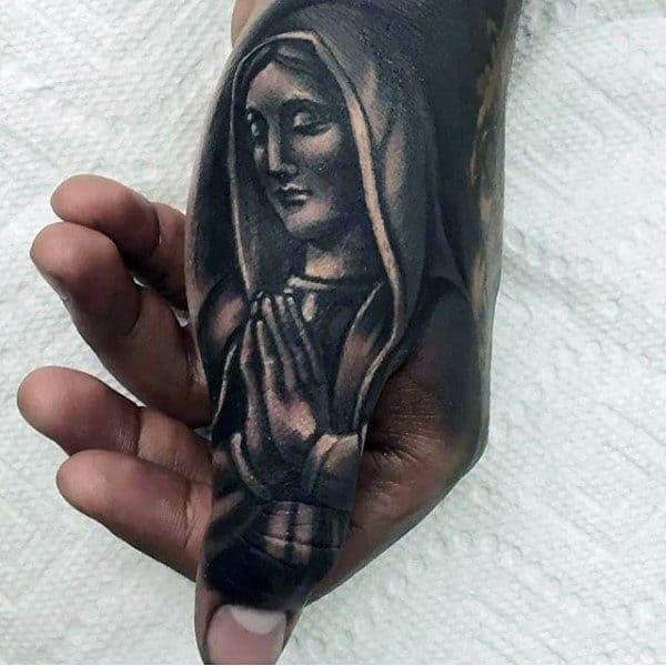 Mother Mary Shaded Black Ink Thumb Male Tattoo Ideas