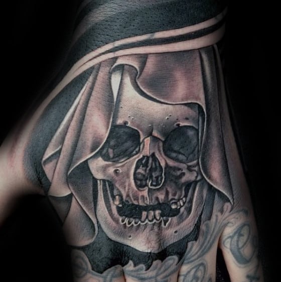 Mother Mary Skull Mens Hand Tattoo