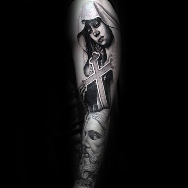 Mother Mary With Cross Mens Awesome Religious Sleeve Tattoos