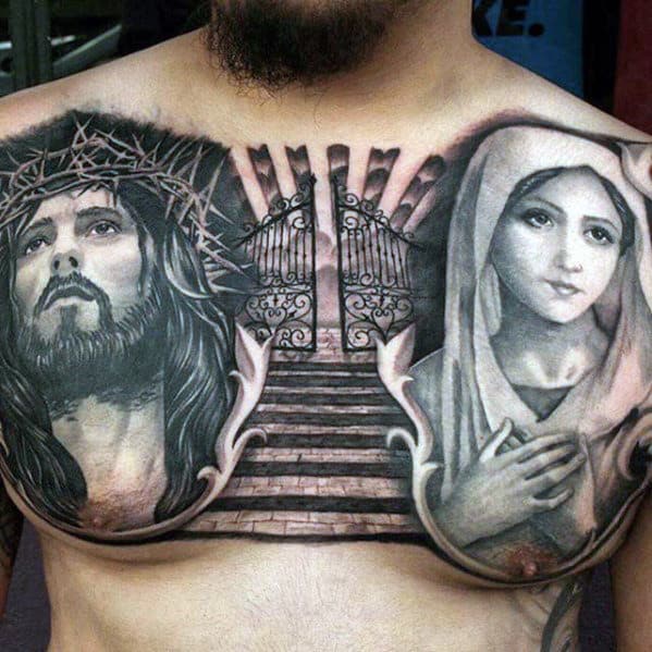 Mother Mary With Jesus And Gates Of Heaven Guys Badass Chest Tattoo