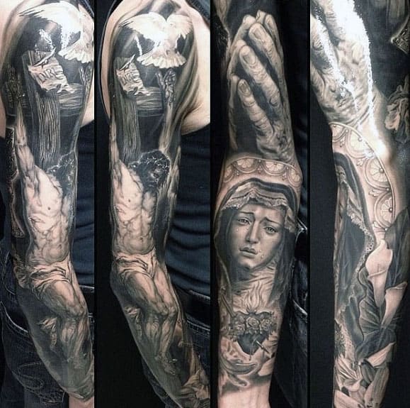 Mother Mary With Sacred Heart And Jesus Male Christian Sleeve Tattoos