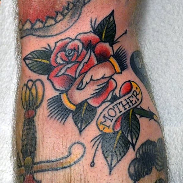 Mother Memorial Rose Flower Traditional Mens Leg Tattoo