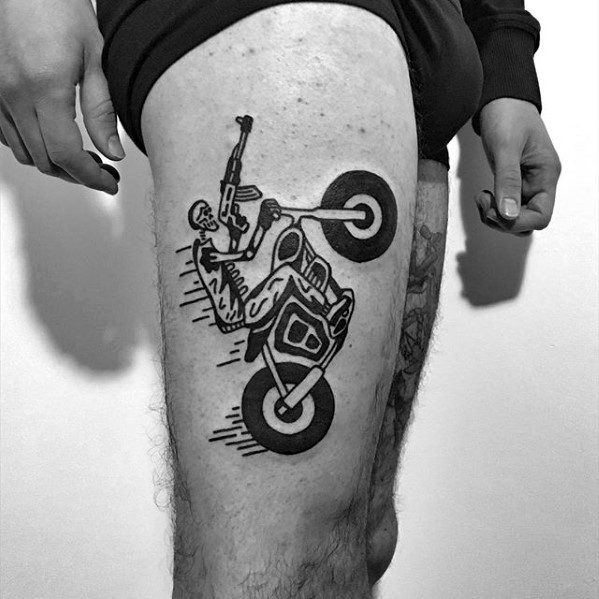 Motorcycle Riding Skeleton Simple Leg Male Tattoo Ideas