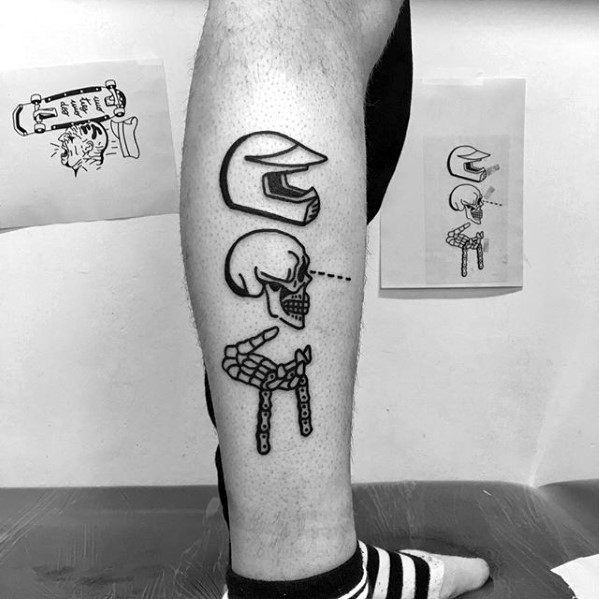 Motorcycle Themed Simple Skull Mens Side Of Leg Tattoo